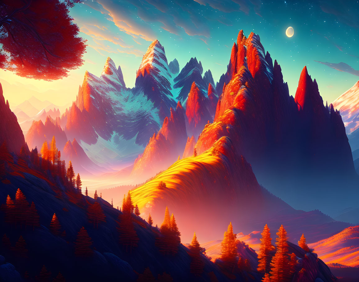 Colorful Mountain Landscape at Sunset with Glowing Peaks