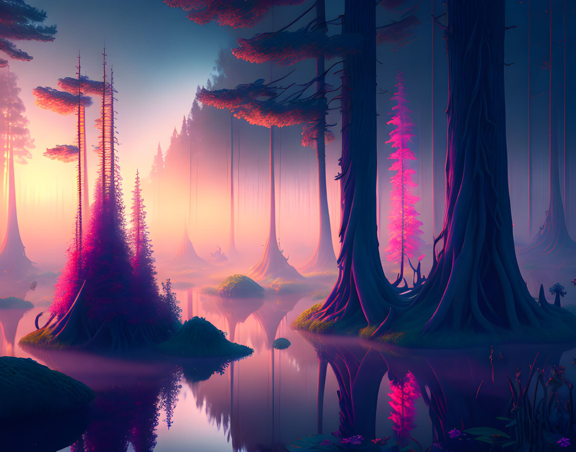 Enchanting Twilight Fantasy Forest with Reflective Water