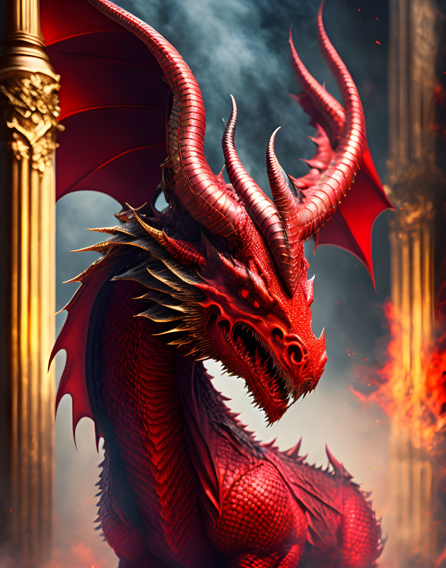 Red dragon with multiple horns in golden pillars setting.