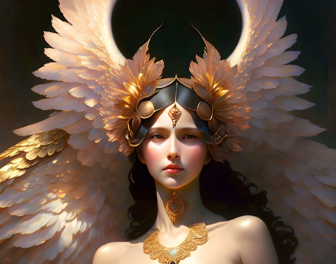 Digital Artwork: Woman with Golden Angel Wings and Ornate Headdress