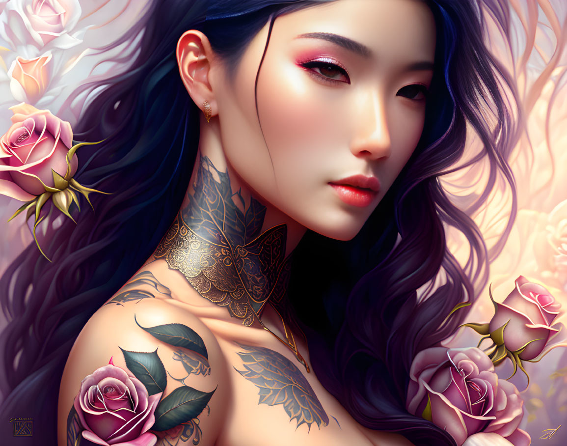 Detailed illustration: Woman with long purple hair, body tattoos, and pink roses.