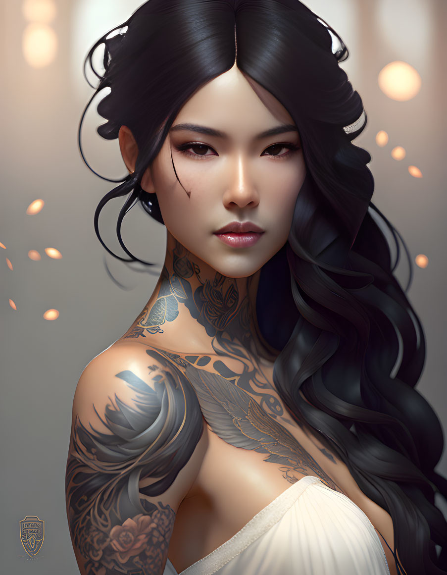 Digital artwork: Female with black hair, tattoos, piercings, cream top, and floating em