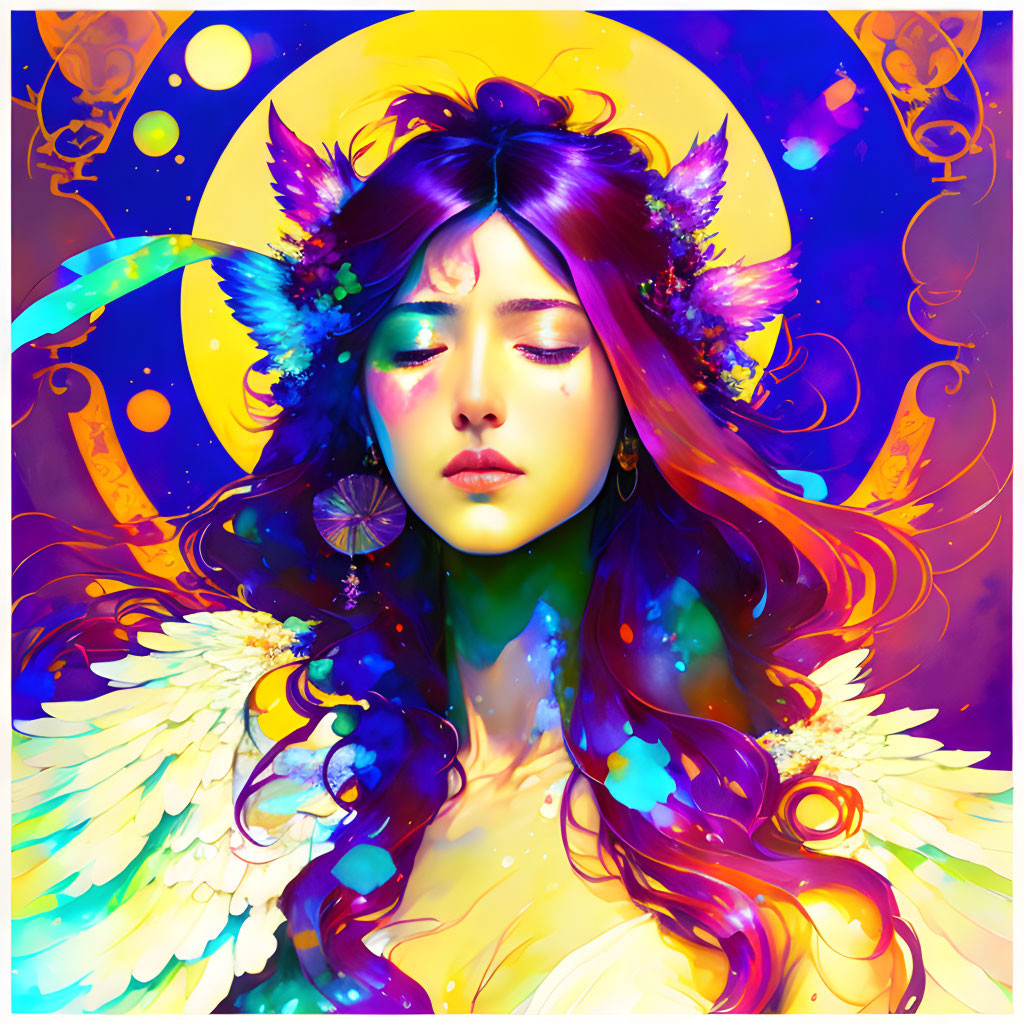 Colorful Illustration of Woman with Bird-Like Wings and Celestial Motifs