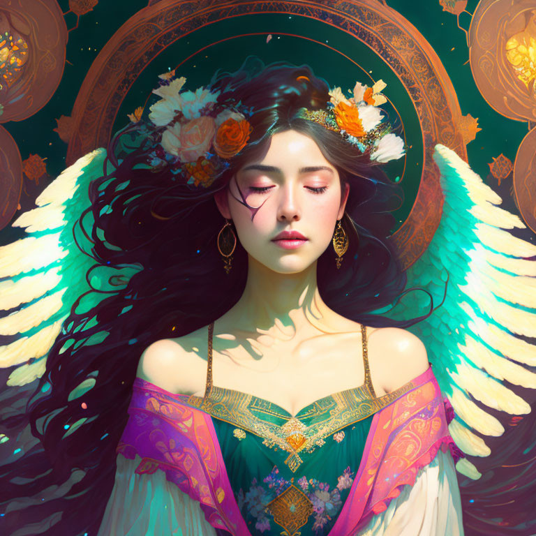 Illustrated woman with white wings and flowery halo in mystical setting