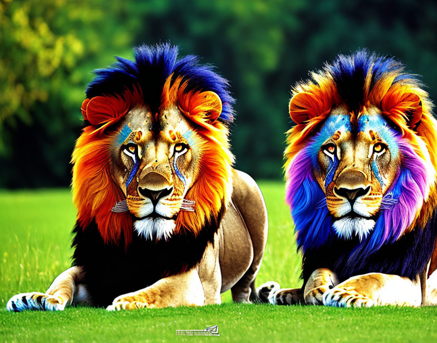 Colorful Maned Lions Resting in Green Field