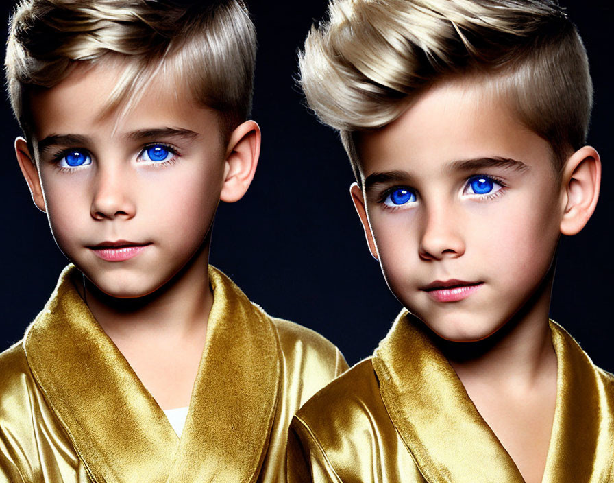 Twin Boys with Blue Eyes in Golden Satin Robes