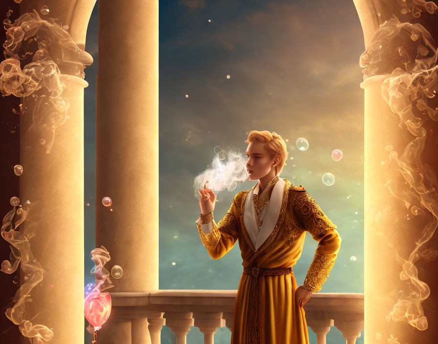 Regal figure in golden attire exhaling smoke, with magical orb and twinkling stars.