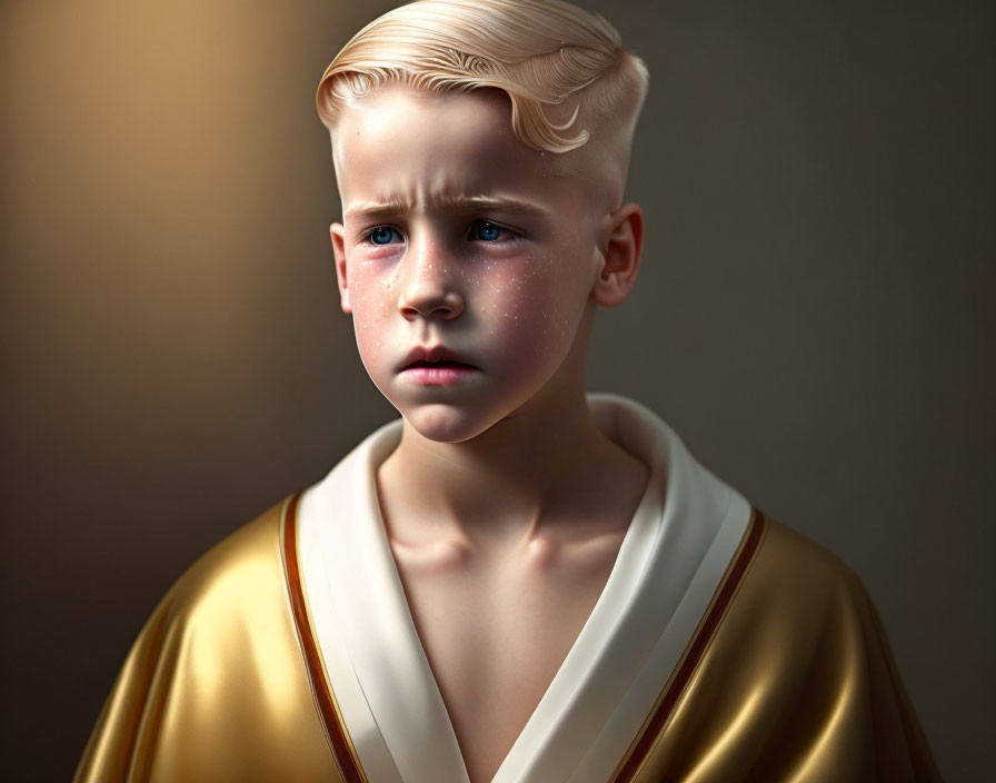 Portrait of a solemn young boy in white and gold robe with tears, classic hairstyle