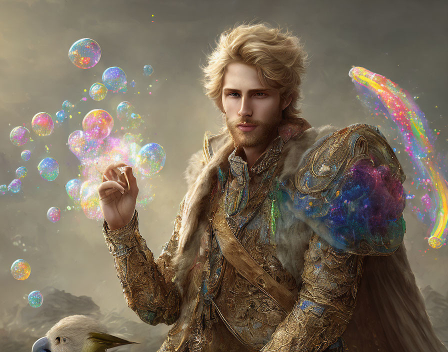 Blond man in regal costume with eagle companion and iridescent bubbles