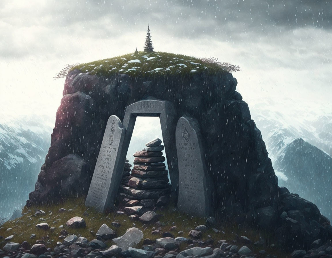 Mystical stone gateway on grassy hillock with inscriptions, rock cairn, rainy