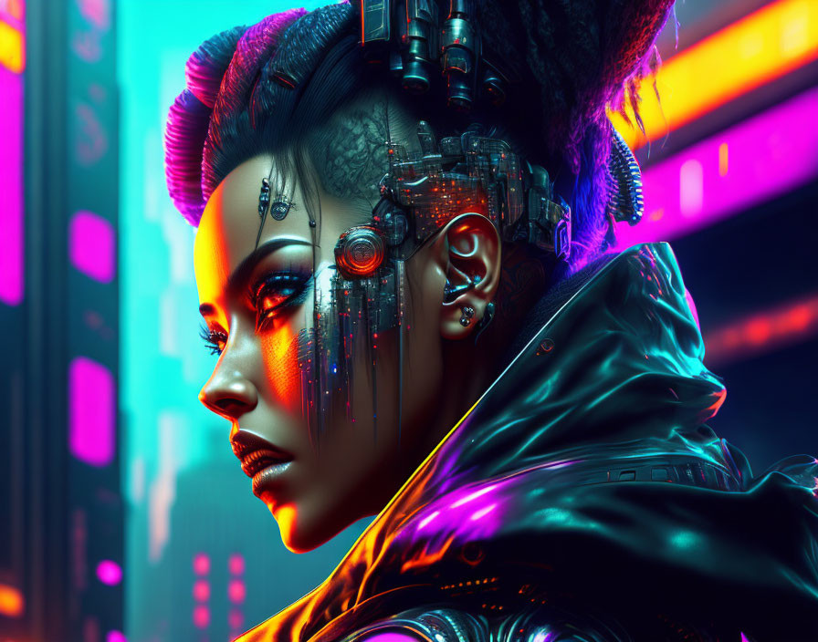 Cyberpunk-inspired portrait with mechanical components and neon lights