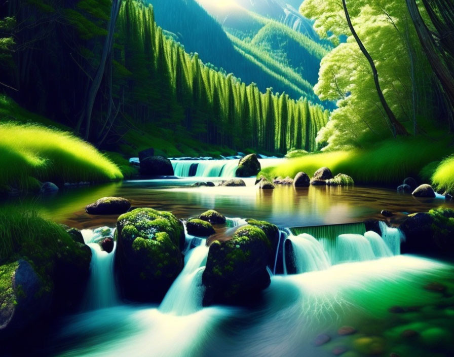 Serene stream in lush green forest with sunlight filtering through trees