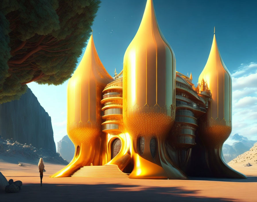 Fantastical golden palace with spires in serene desert.