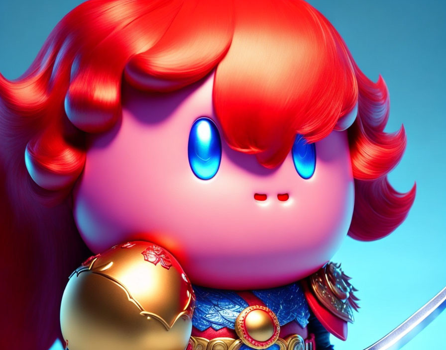 Colorful character illustration with red hair, blue eyes, ornate armor, and golden object