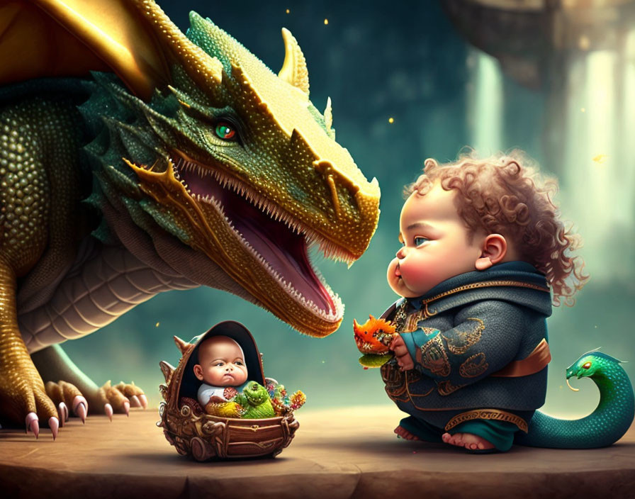 Baby in basket gazes at green dragon in fantasy setting