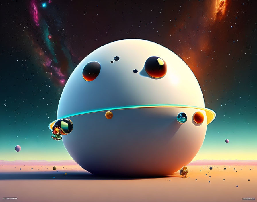 Colorful planets surround round white character in cosmic digital art