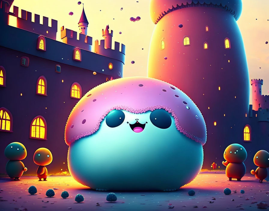 Round blue character smiles in front of castles under starry sky with green creatures