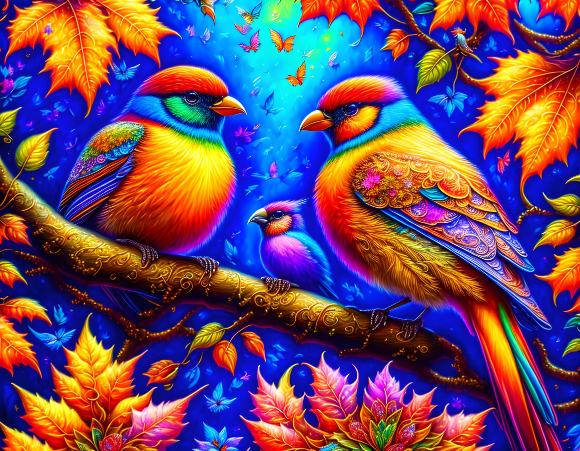 Colorful Birds Perched on Branch Against Blue Autumn Backdrop