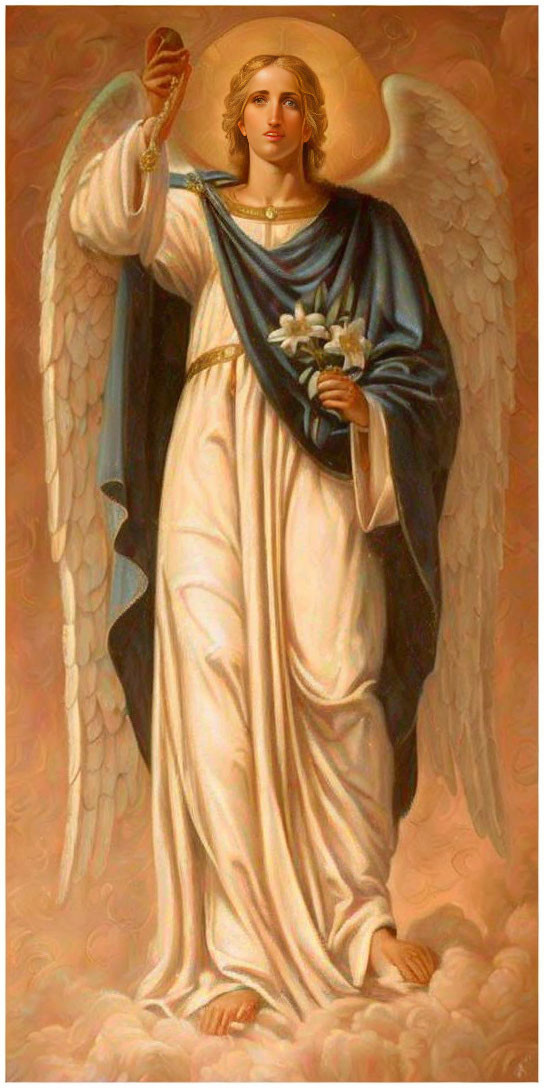 Angel painting: Serene figure with golden hair, white robes, blue sash, holding a l