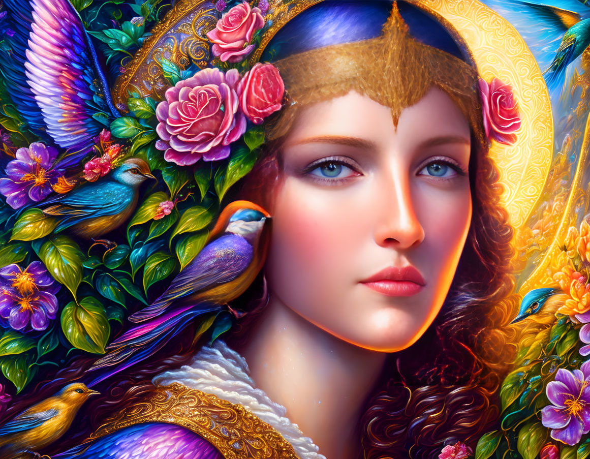 Colorful artwork: Woman with blue eyes in golden headpiece, surrounded by flowers and birds.