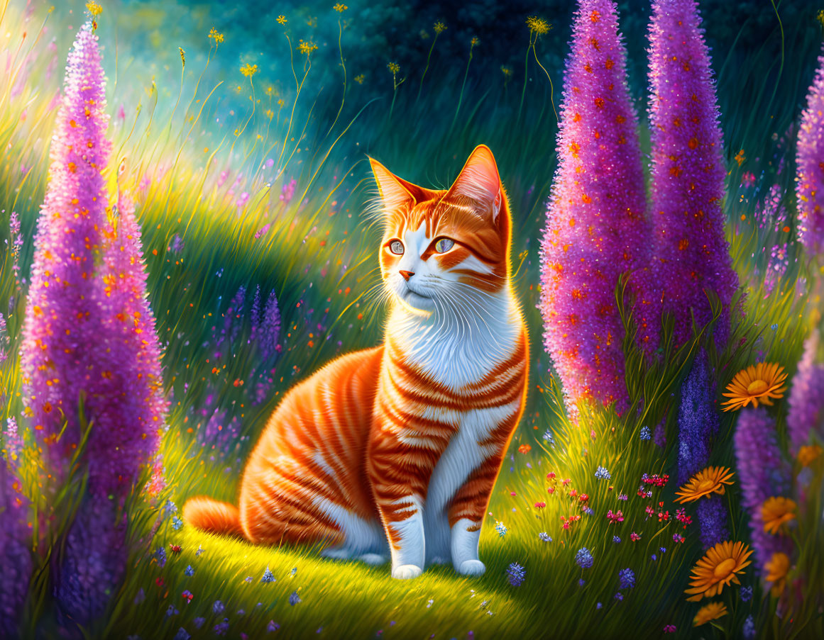 Orange Tabby Cat Surrounded by Purple and Orange Flowers