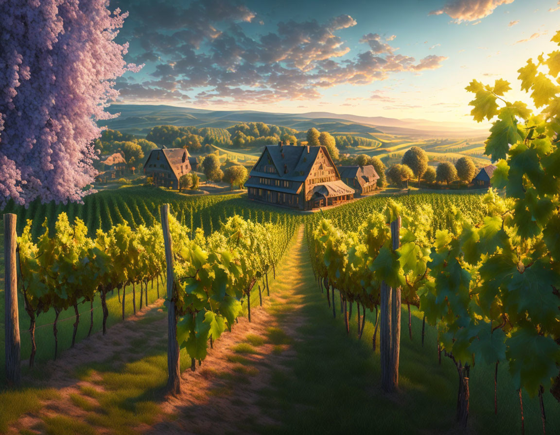 Vibrant vineyards, traditional house, rolling hills at sunrise or sunset