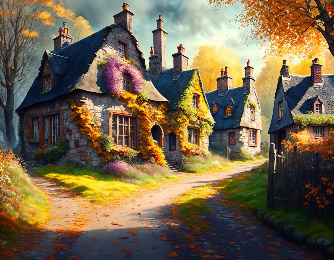 Charming stone cottages with thatched roofs in autumn setting