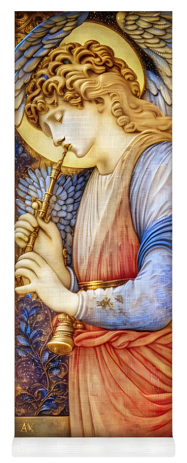 Detailed Angel Playing Trumpet with Golden Curls & Wings