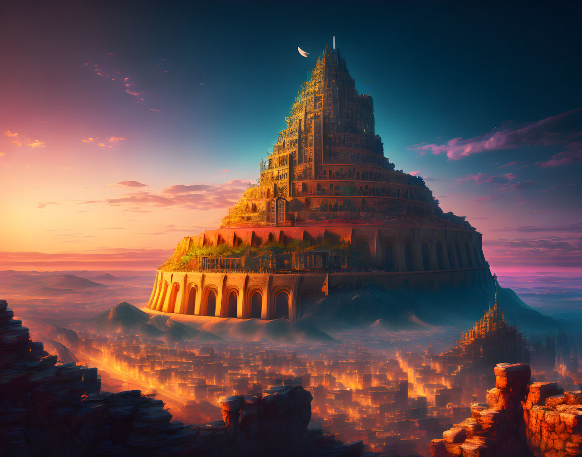 Fantastical digital art: Towering citadel at sunset