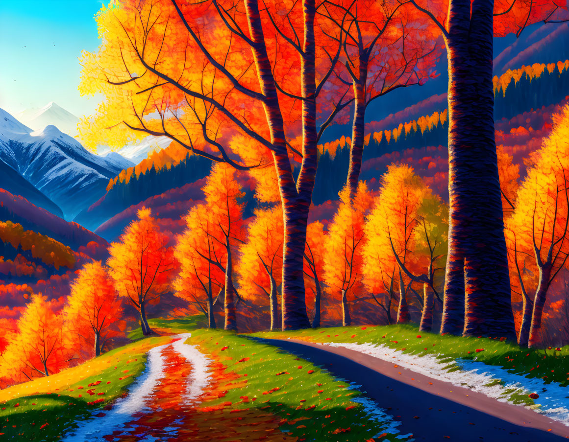 Fiery orange and yellow autumn trees along a winding road in snowy landscape