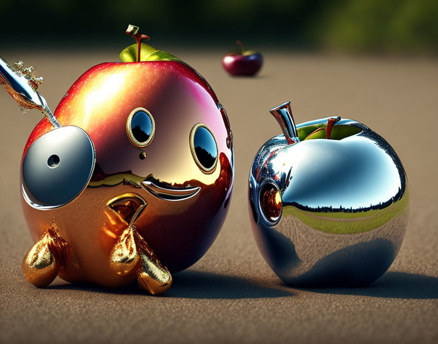 Shiny gold and red apple with pirate patch next to silver apple on road