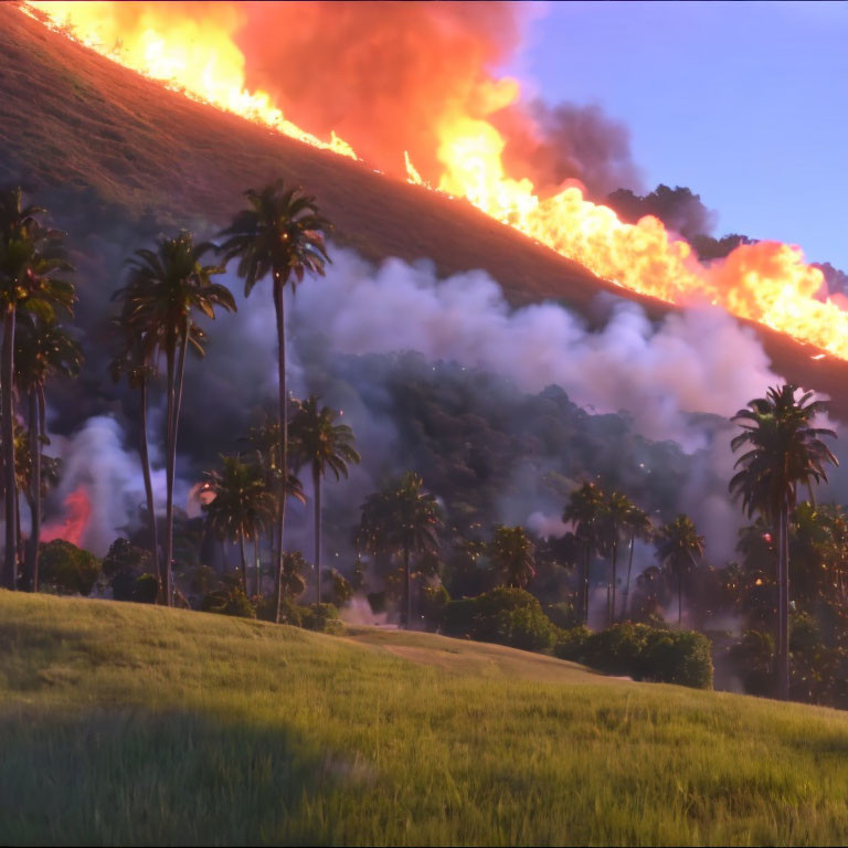 Tropical hillside wildfire with smoke and palm trees