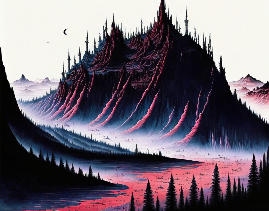 Mountain Range Art: Purple and Pink Tones, Crescent Moon, Pine Trees, Reflective Lake