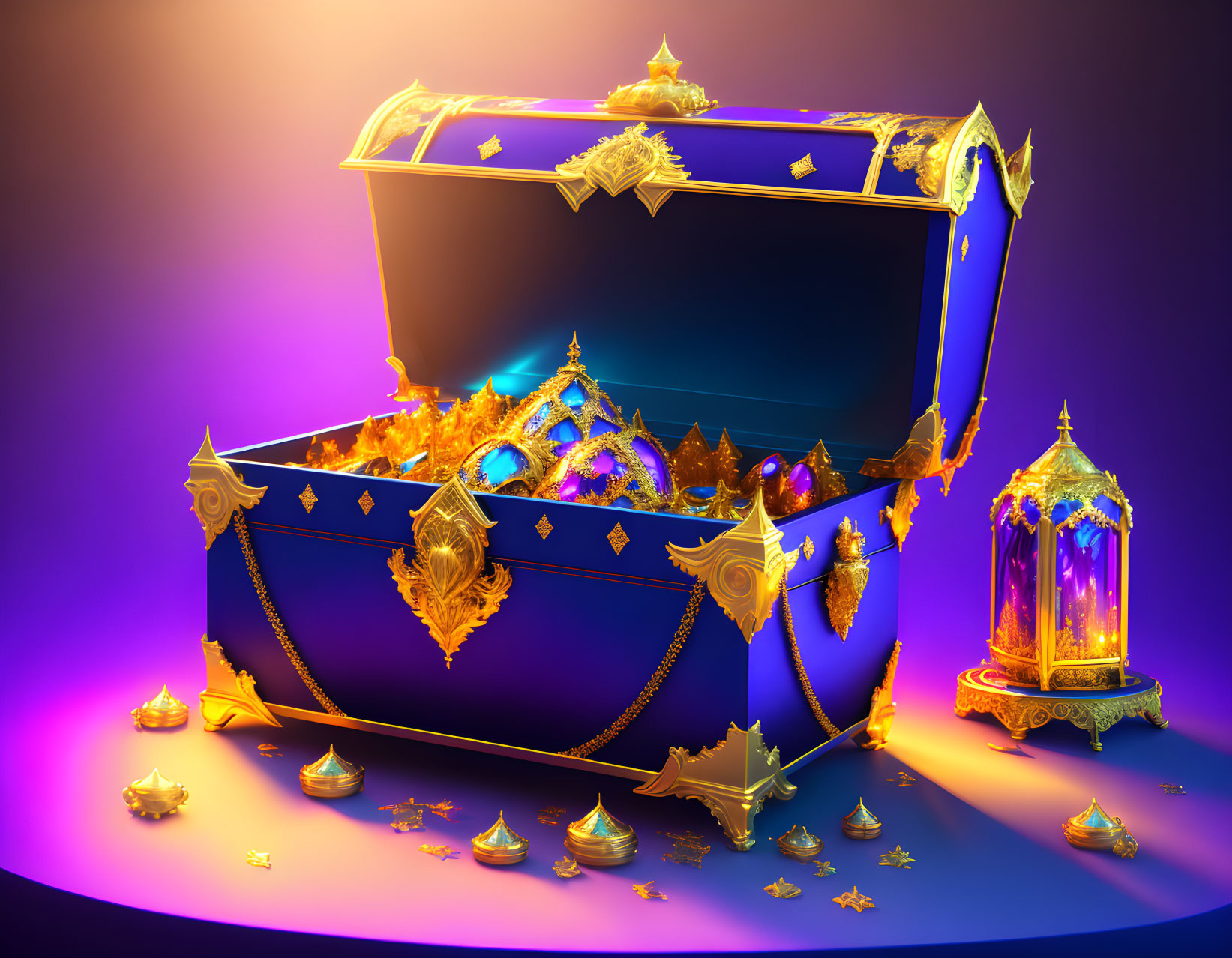 Glowing gems and golden decor in ornate treasure chest with magical burst of fire.