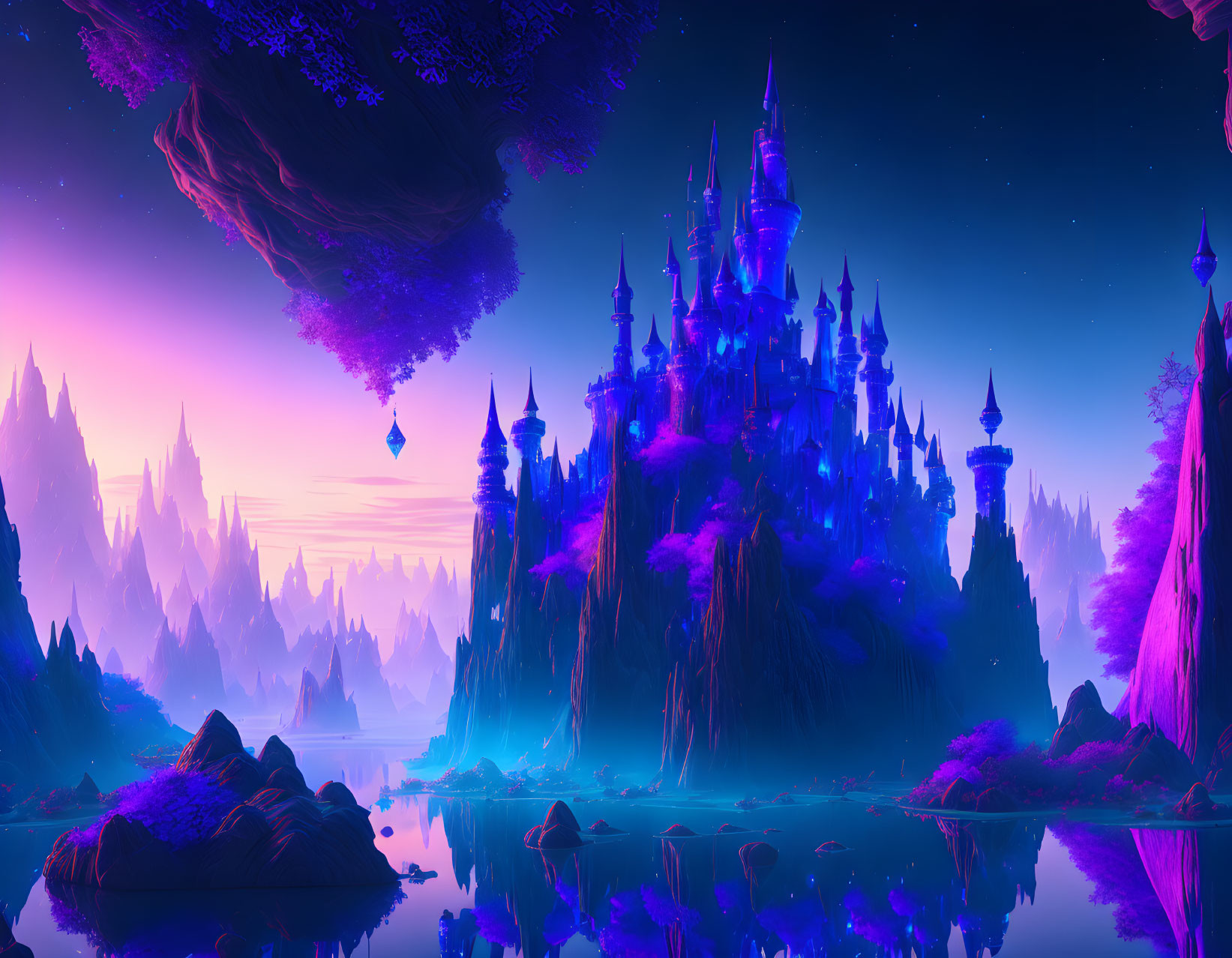 Purple-hued landscape with castle on cliff, lake, floating islands, starry sky