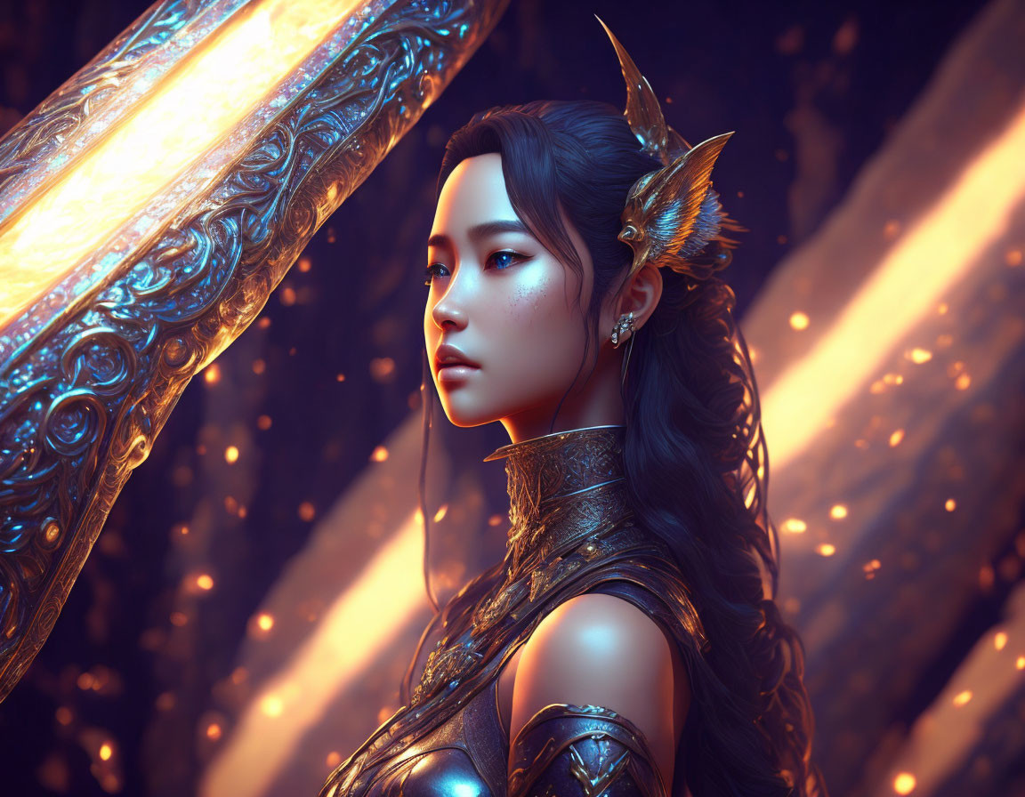 Digital artwork features woman with elven traits in ornate armor and golden accents in amber-lit setting