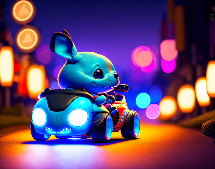 Cartoon blue rabbit driving futuristic car in city night scene