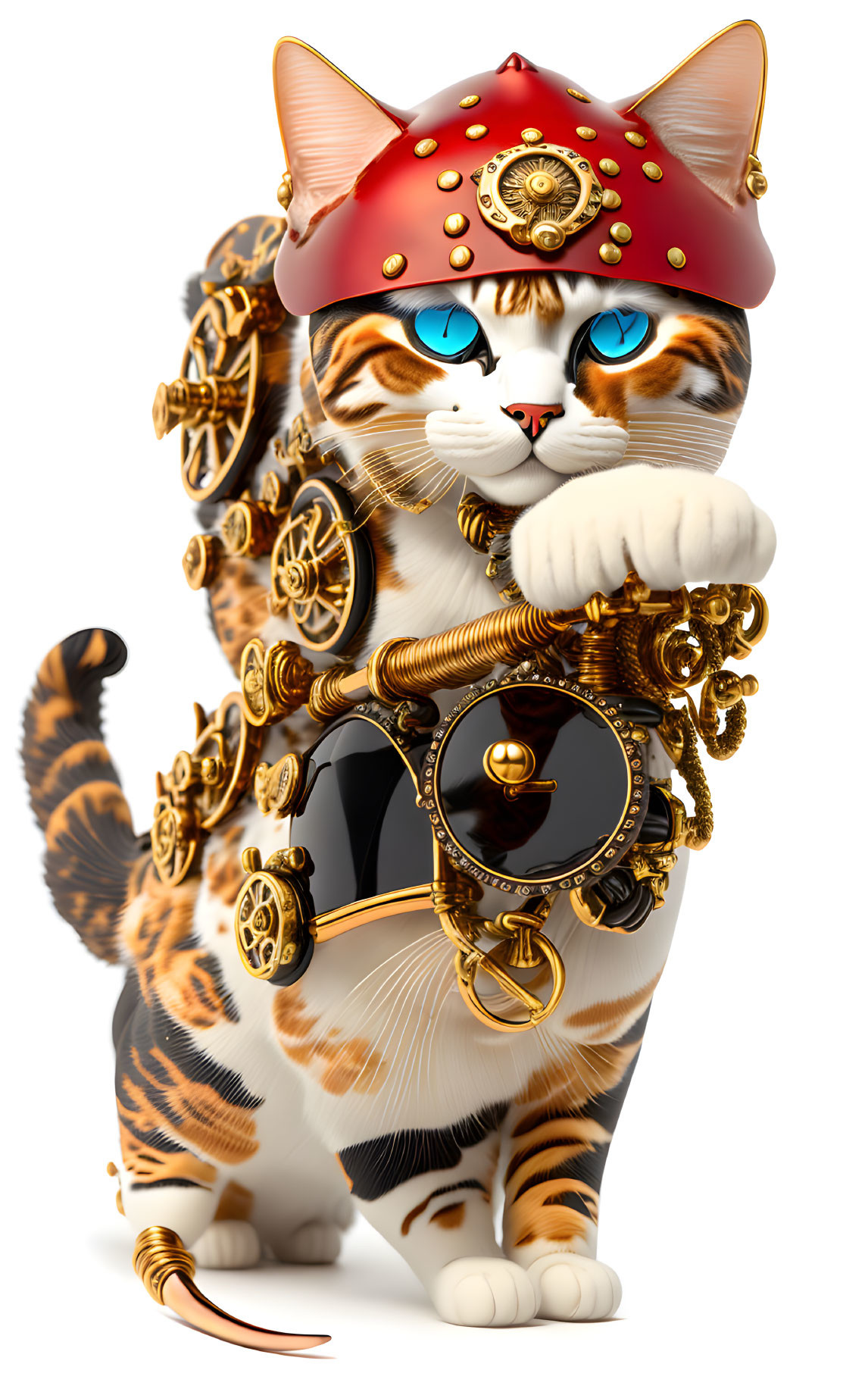 Blue-Eyed Cat in Samurai Helmet and Armor with Gold Details