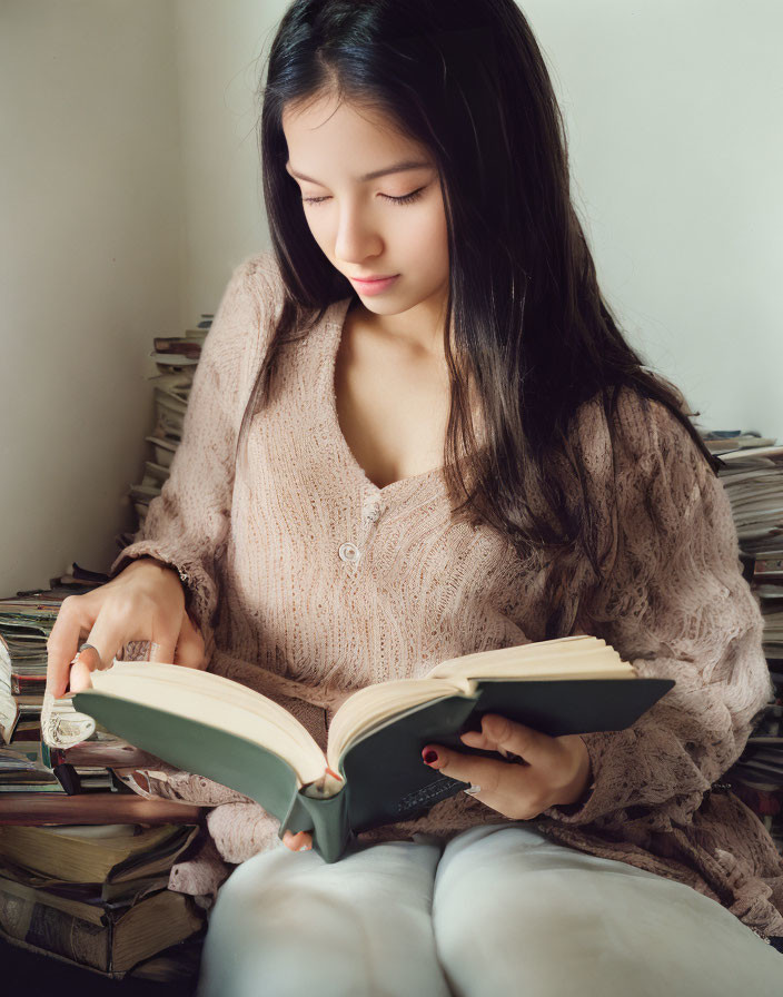 Young woman in cozy sweater reading with stacks of books