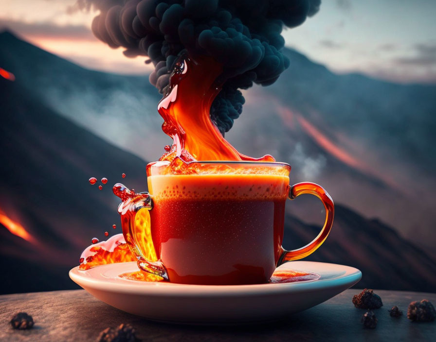 Steaming Cup of Coffee with Liquid Splashes and Flames on Saucer Against Volcanic Eruption