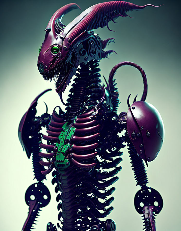 Detailed biomechanical creature with purple dragon head, mechanical torso, and scorpion tail.