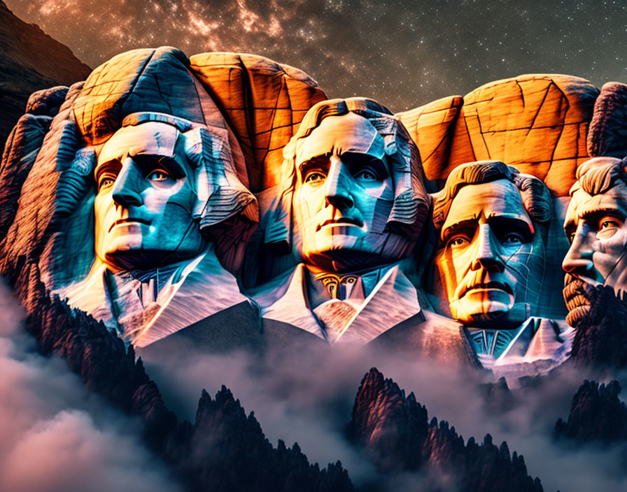 Surreal Mount Rushmore with presidents in business suits at twilight