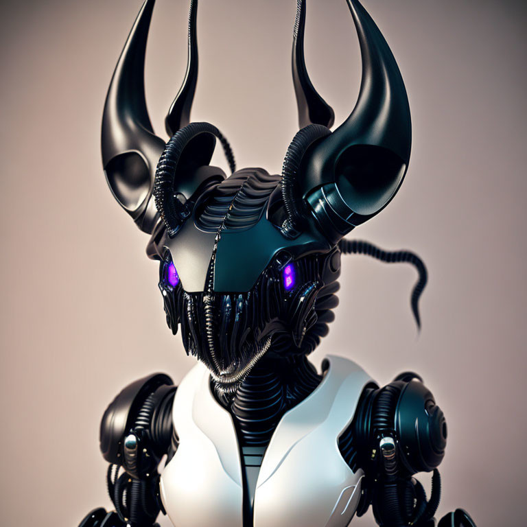 Futuristic robot with horn-like protrusions and glowing purple eyes