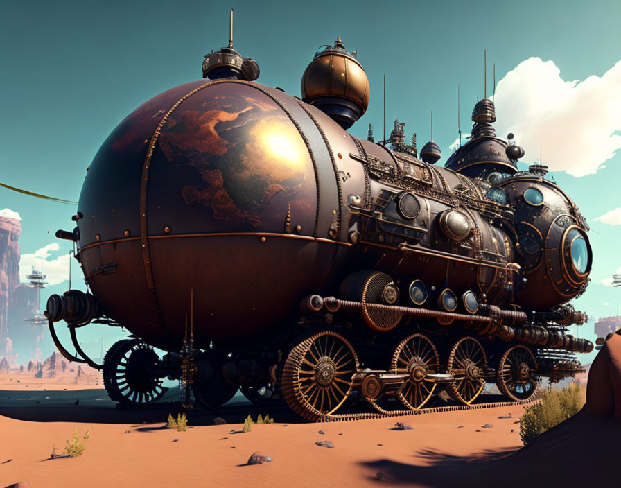 Steampunk-style vehicle with spherical sections and gears in desert landscape