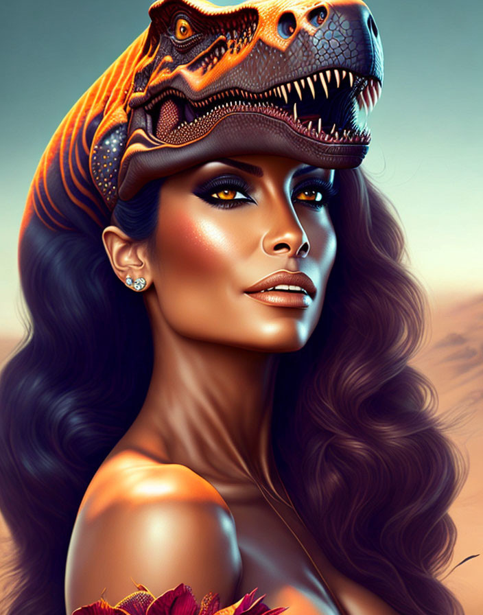 Digital illustration of woman with flowing hair in dinosaur headpiece, strong features & intense gaze