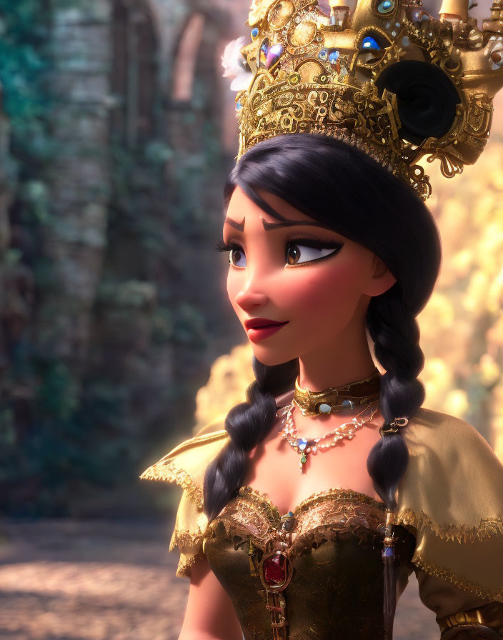 Golden-crowned animated character in braids and jeweled necklace against forest backdrop