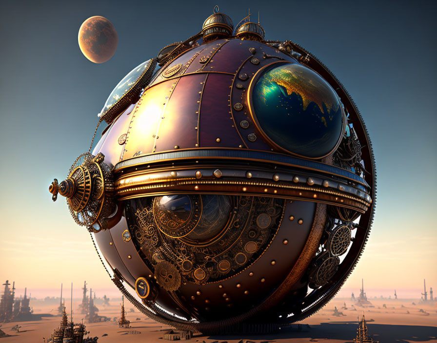 Detailed Steampunk Spherical Structure in Desert Landscape