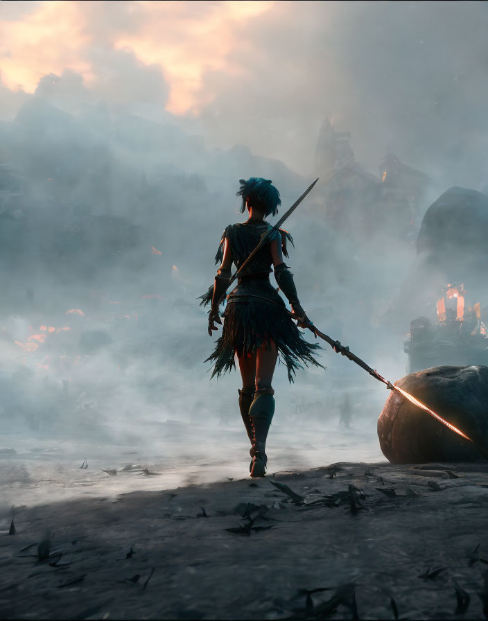 Blue-haired warrior in tribal attire gazes over smoky battlefield with spear on rocky terrain