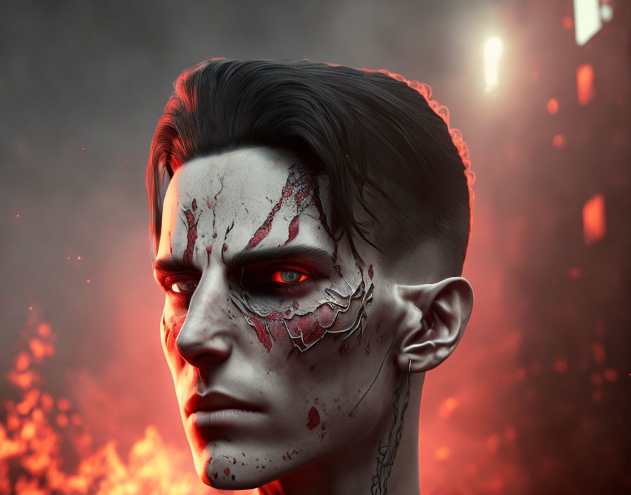 Male character with pale skin, black hair, red glowing eyes, and fiery facial markings.