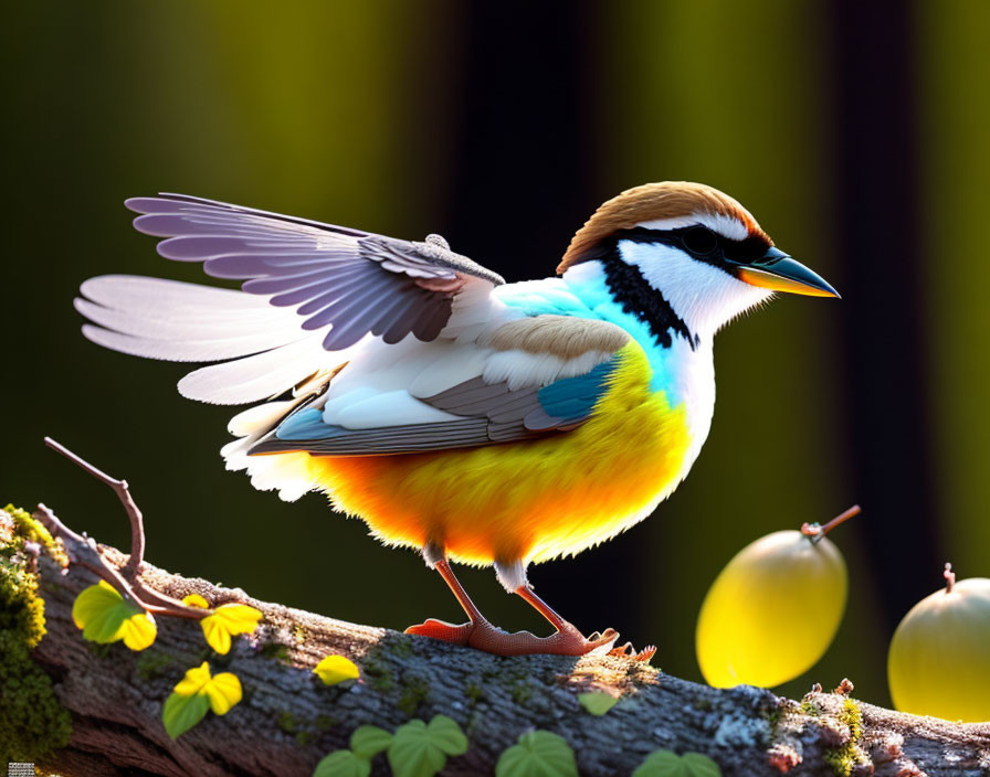 Colorful stylized bird perched on branch with forest background